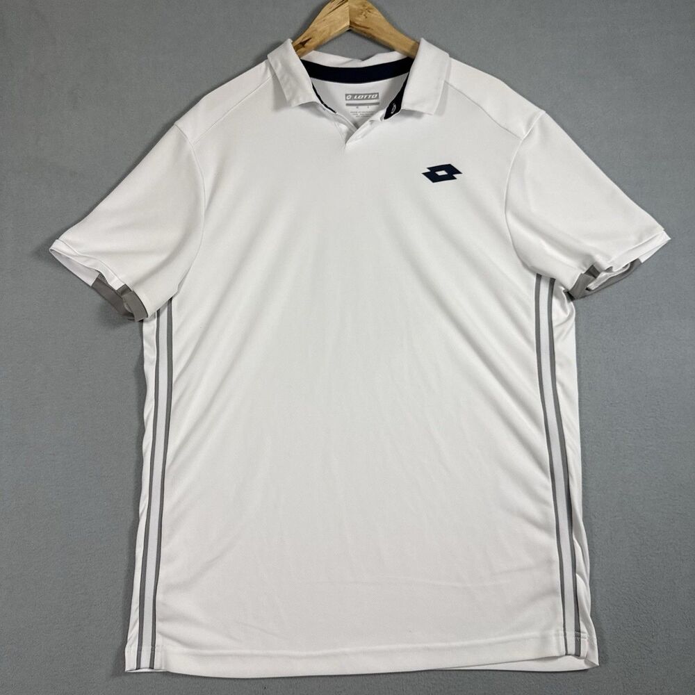 Lotto Mens Tennis Polo Shirt Large White Deep Dry Short Sleeve Rubber Button